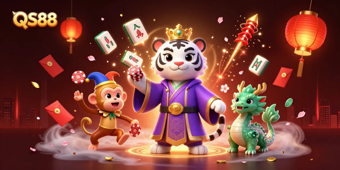Bet on QS88 with excitement as a royal tiger, playful monkey, and jade dragon celebrate wins!