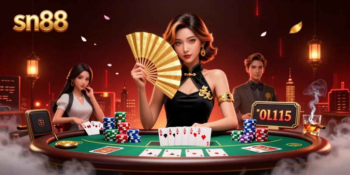 Experience sn88's thrilling poker action with captivating visuals and dynamic elements in a stunning setting.