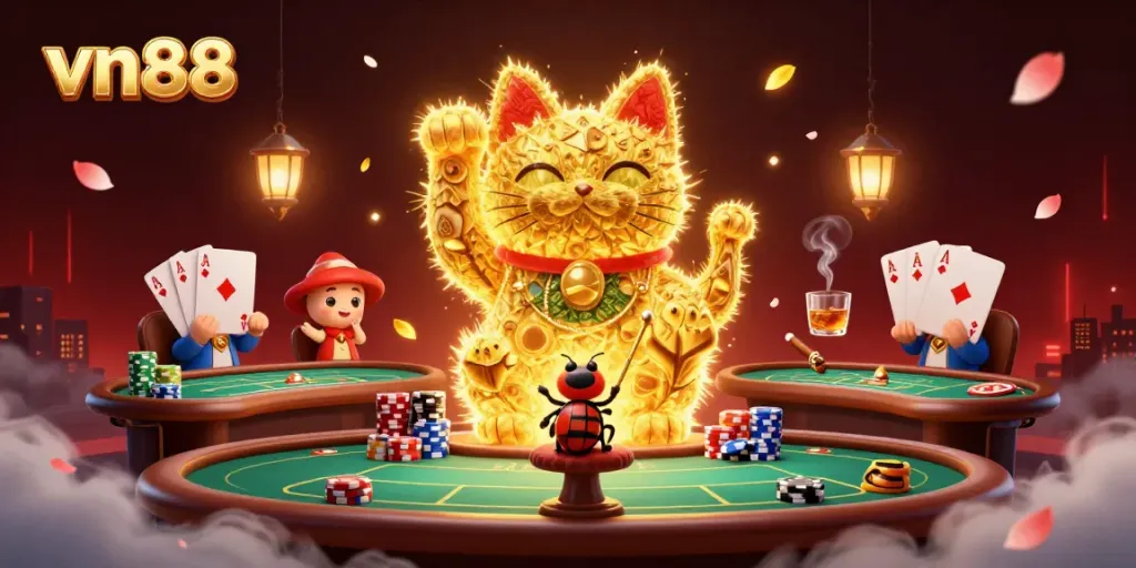 Experience the excitement of vn88 with a vibrant scene of a lucky cat and golden fireflies at a casino setting.
