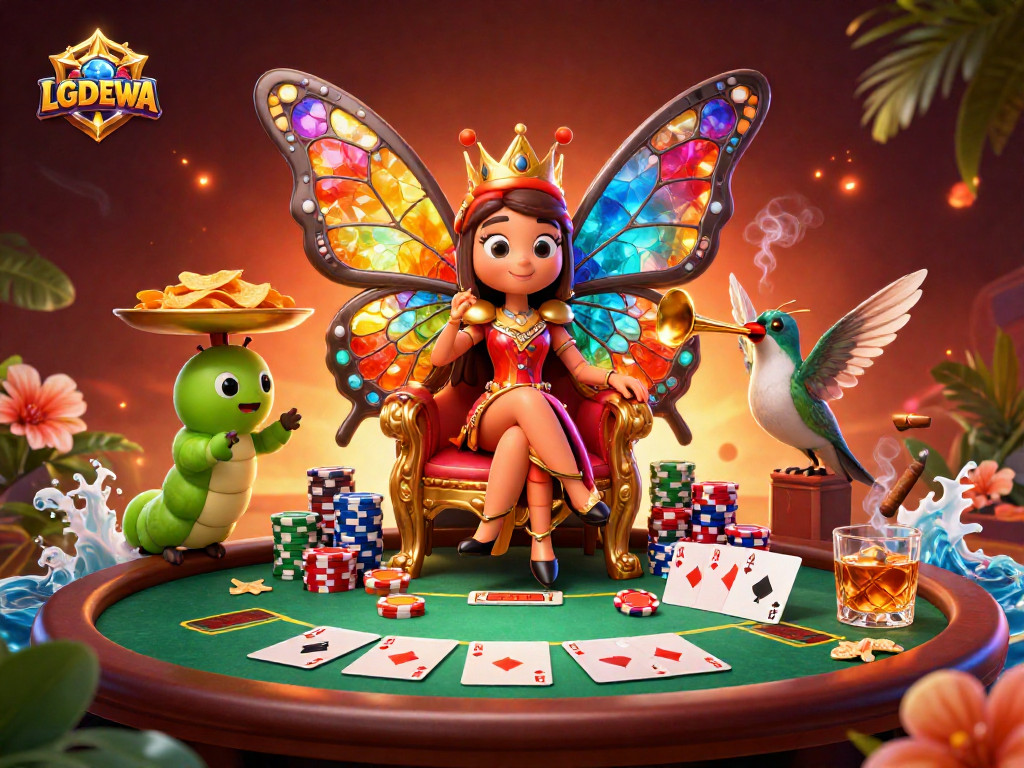 Experience thrilling poker action with LGODEWA in a vibrant 3D casino scene featuring colorful characters.