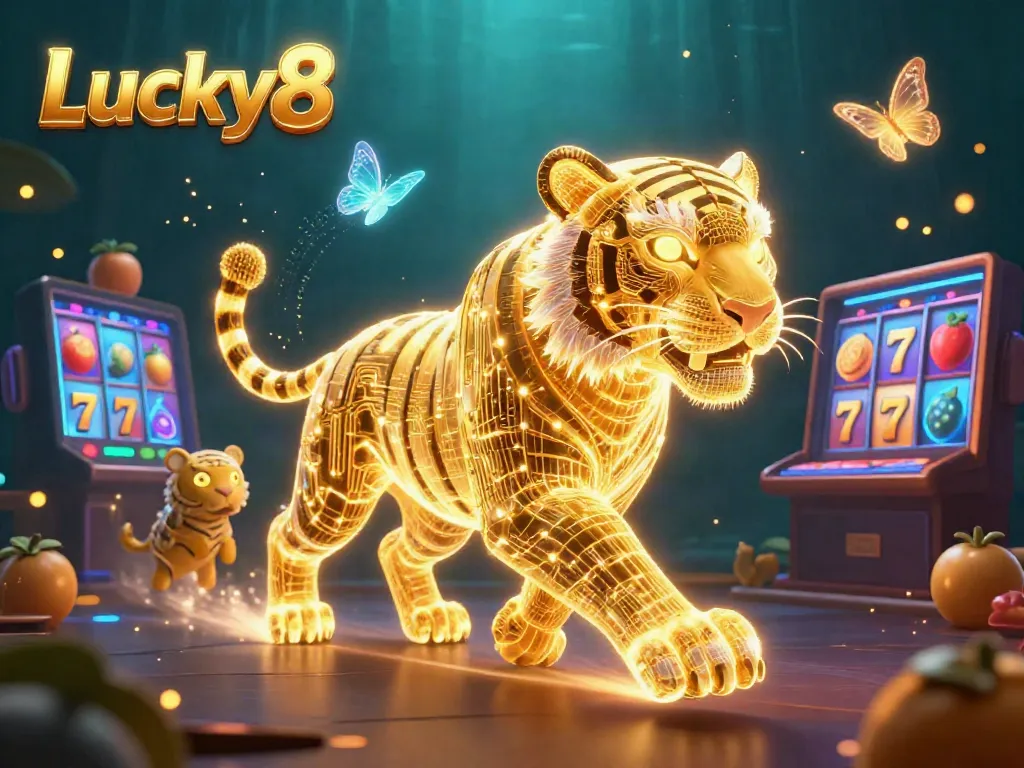 Winning with Lucky8: immerse yourself in a vibrant slots casino scene featuring a neon tiger and glowing symbols.