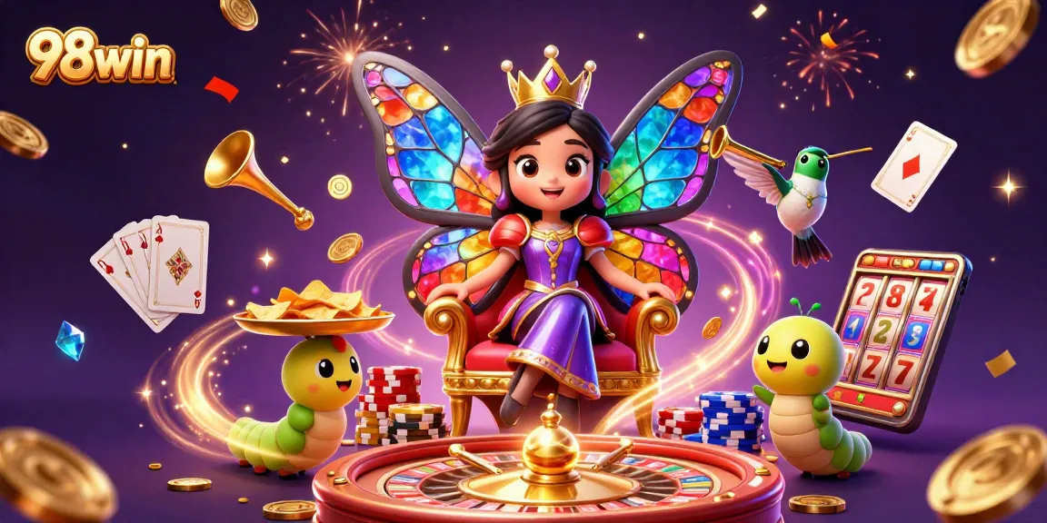 Experience the thrill of winning with 98win's vibrant casino games in a dynamic 3D illustration.