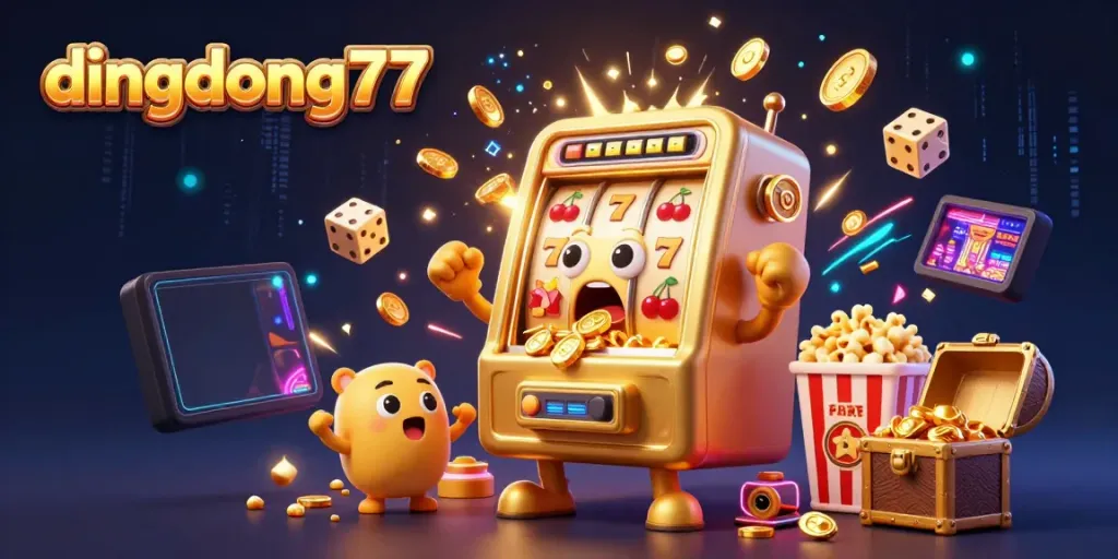 Exciting dingdong77 jackpot scene with a shocked golden slot machine surrounded by cheering baby machines and rolling casino elements.