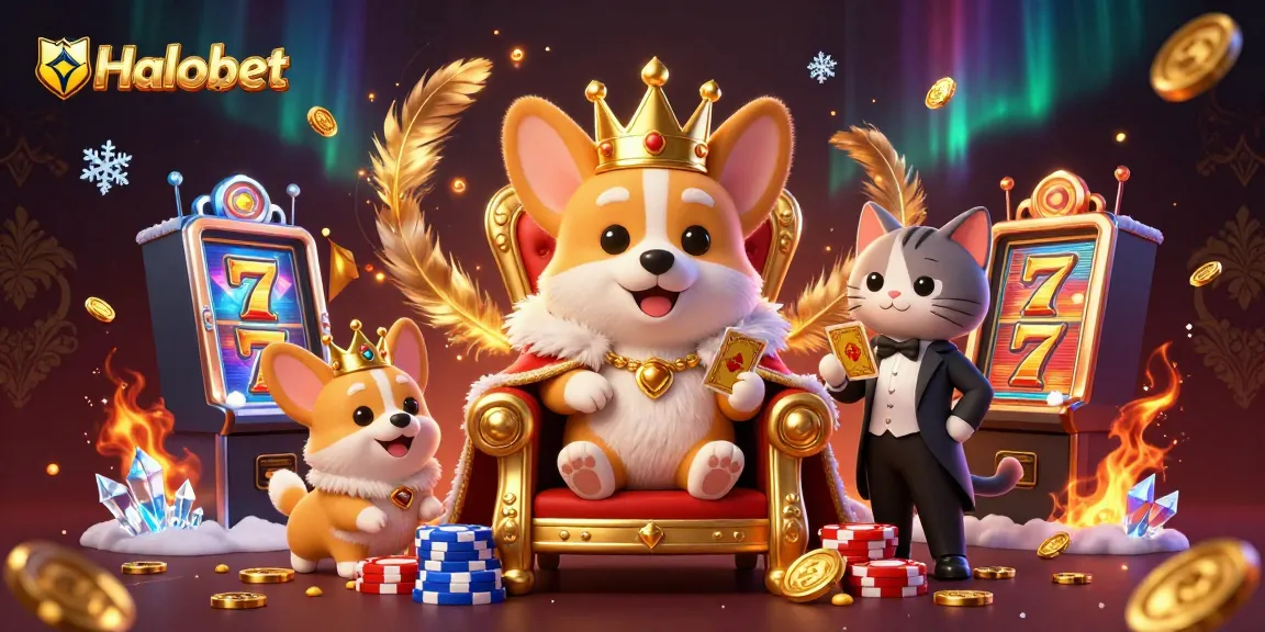 Experience Halobet's vibrant gaming scene with a royal corgi and thrilling slot reels.