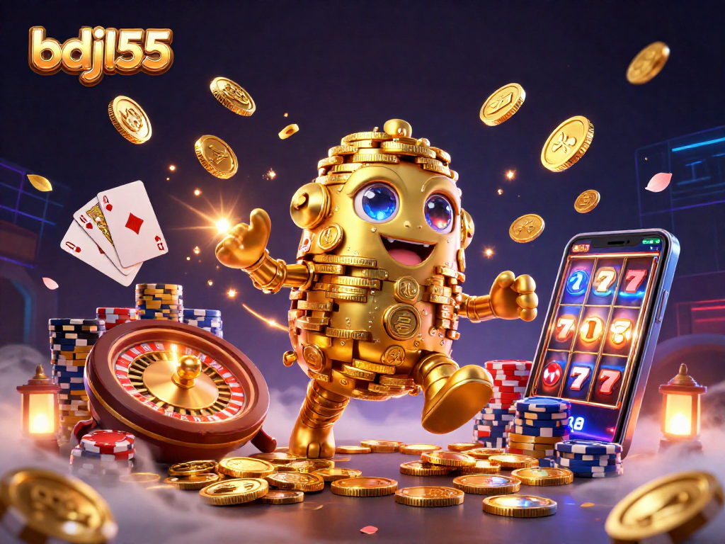 Engage with bdjl55's casino excitement featuring a golden golem, roulette, and vibrant slot reels.