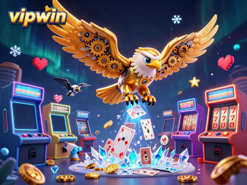 Experience thrilling gameplay with vipwin, showcasing a cybernetic golden eagle amidst casino graphics.