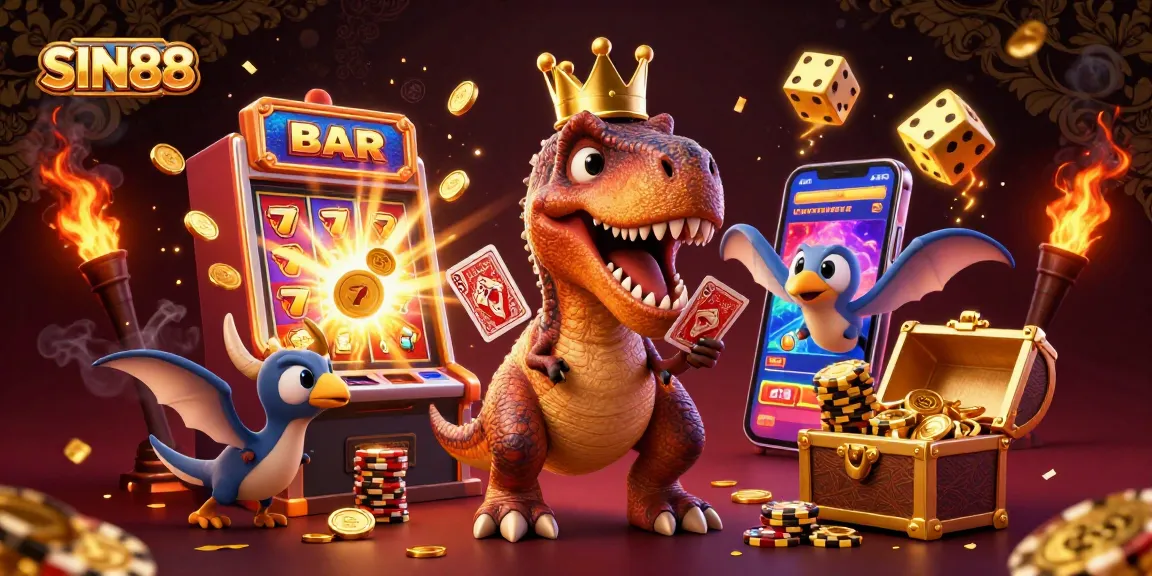 SIN88 gaming scene with T-Rex shuffling cards, pterodactyl holding cards, and triceratops stacking chips in a vibrant casino environment.