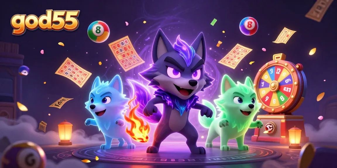Engage with god55's thrilling lottery experience featuring vibrant lottery elements and mystical wolves.