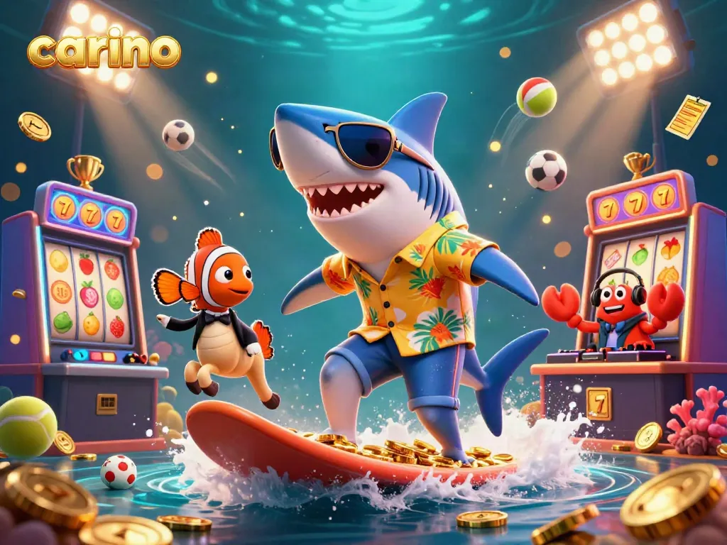 Experience gaming excitement with carino featuring a shark, coins, and vibrant slots.