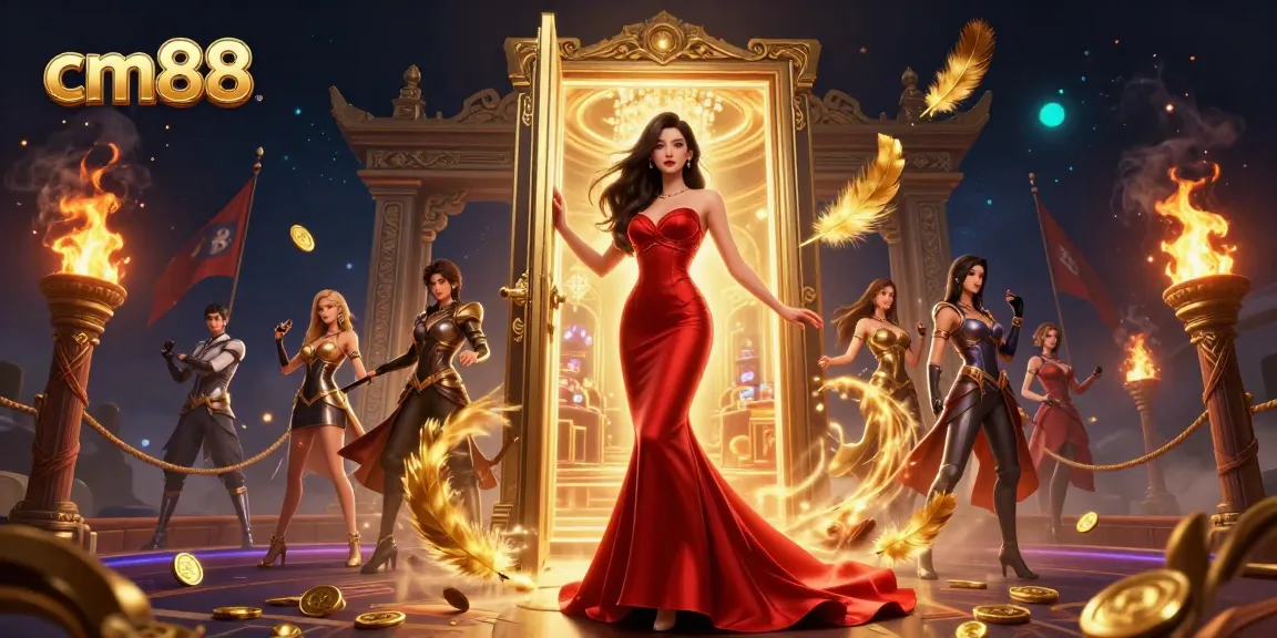 Experience the excitement of cm88 casino with a stunning woman in a mermaid gown amidst golden elements.