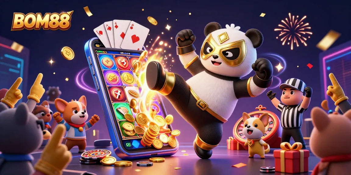 BOM88 casino excitement with a panda wrestler kicking, coins and cards flying in a dynamic 3D illustration.