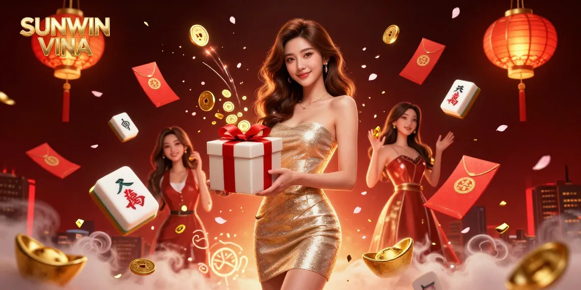 SUNWIN VINA showcases a festive and welcoming Asian woman, celebrating with golden coins in a rich casino theme.