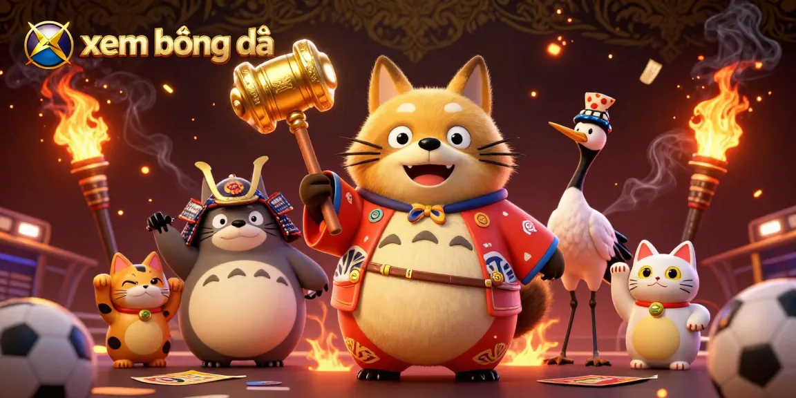 Xem bóng đá with cheerful tanuki and crane amidst dynamic sports betting elements and vibrant colors.