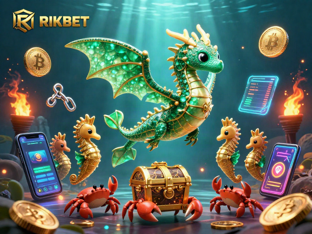 Experience the RIKBET sea adventure with a majestic sea dragon surrounded by vibrant cryptocurrencies and gaming elements.