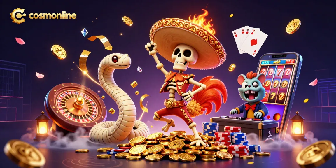 Join the fun at cosmonline with vibrant casino characters dancing among golden coins and games.