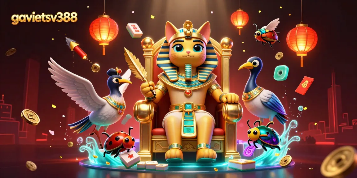 Experience thrilling bets at gavietsv388 with cartoon Egyptian pharaoh cat and vibrant casino elements.