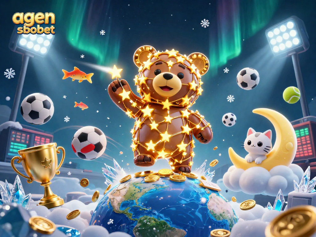 Bet on agen sbobet with dynamic sports elements and a celestial scene filled with coins and trophies.