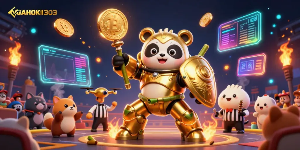 NAGAHOKI303 menghadirkan ilustrasi kasino dengan panda emas dan robot tempur di arena