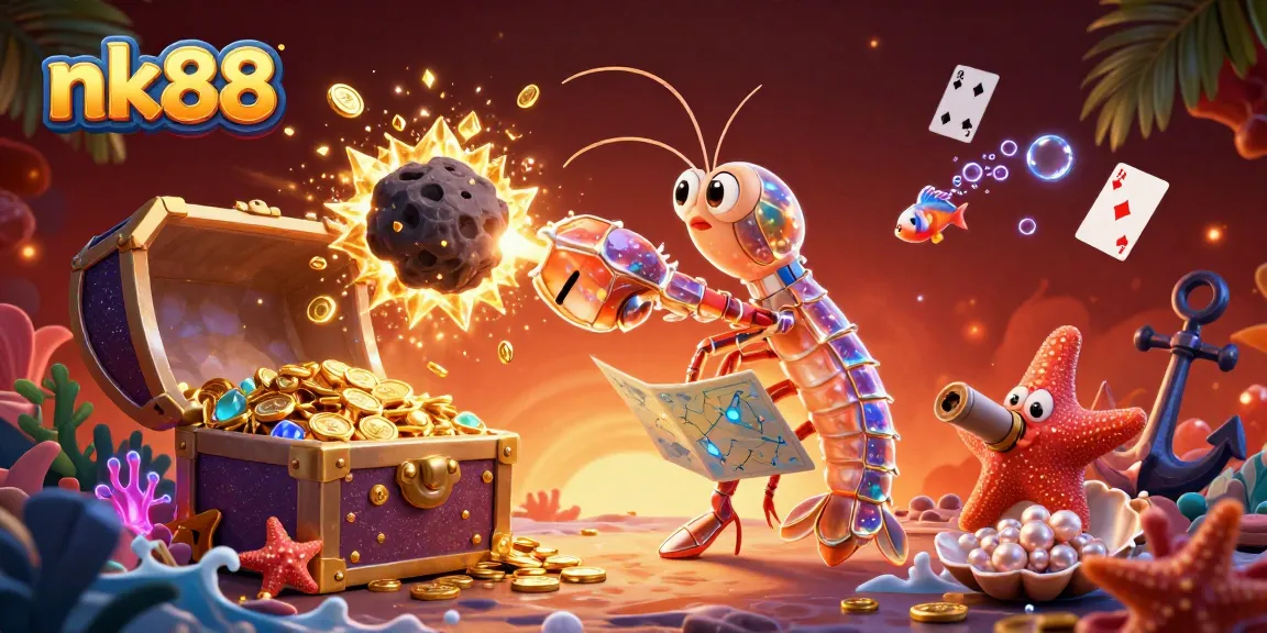 Experience interactive fun with nk88's vibrant casino scene featuring colorful gems, treasure, and engaging characters.