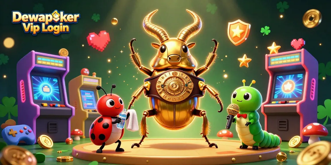 Dewapoker Vip Login showcases a dynamic casino scene featuring a golden stag beetle boxer and vibrant game elements.