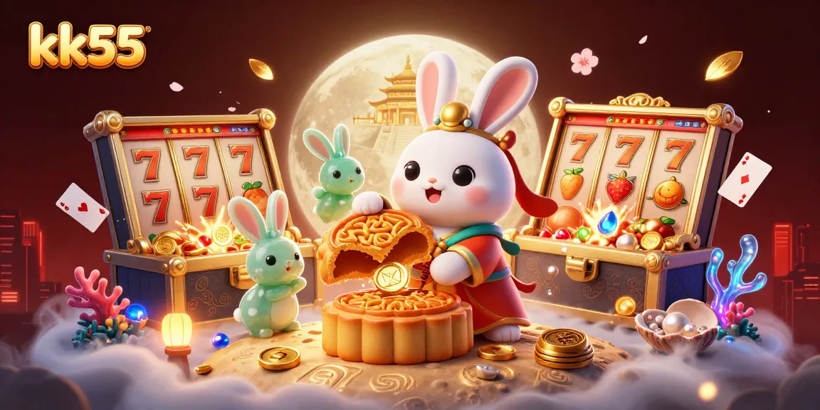 kk55 showcases a playful moon rabbit unveiling poker chips within golden mooncakes amidst vibrant casino elements.