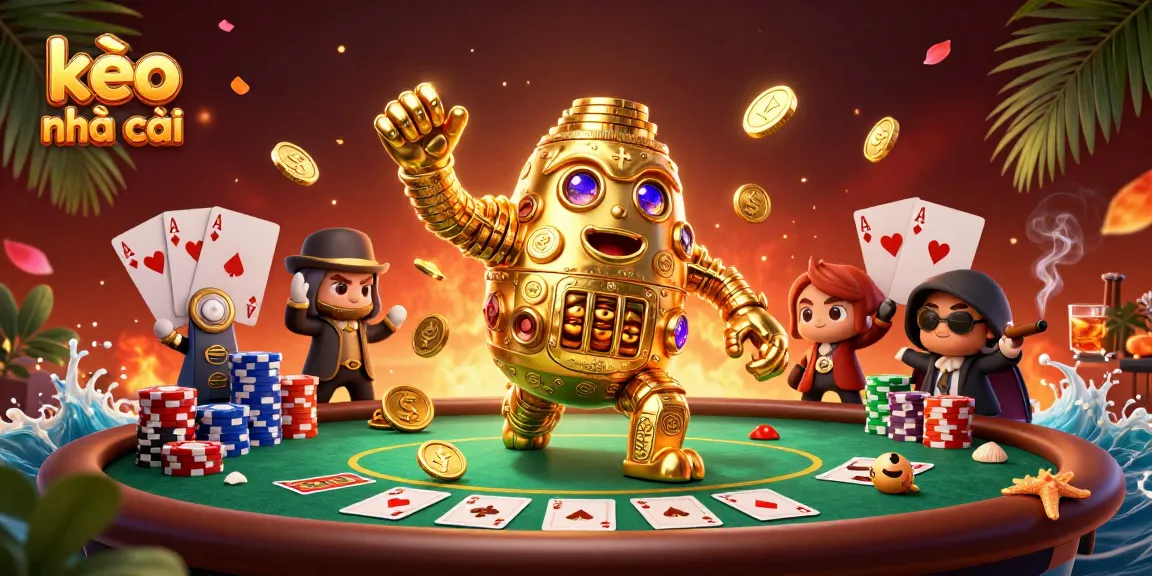 Engage with kèo nhà cái through an energetic poker scene featuring a gold golem and vibrant chips.