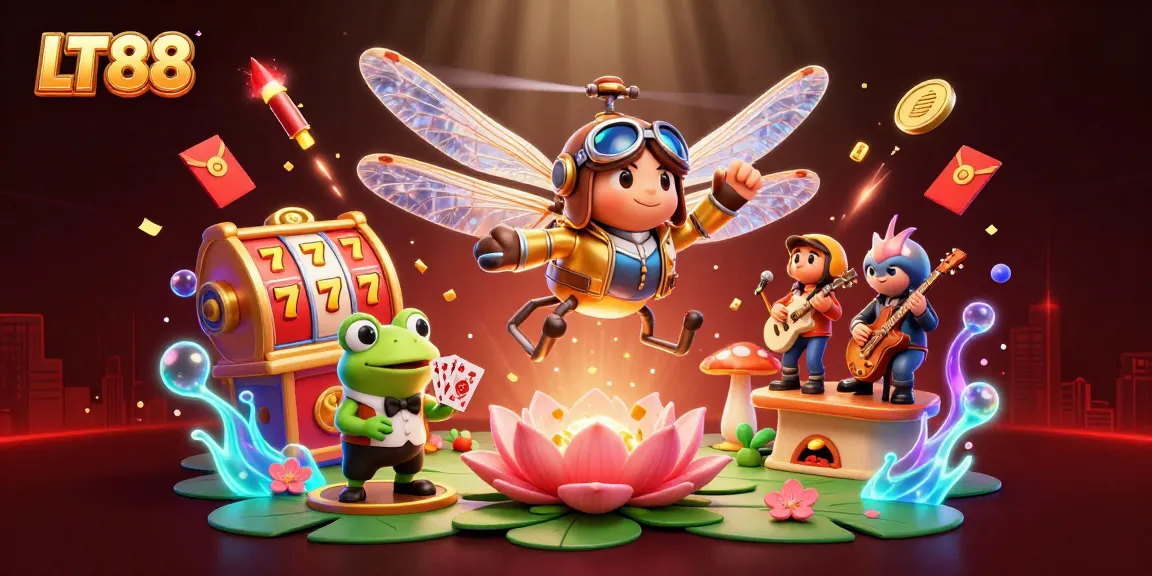 Experience exhilarating gameplay at LT88 with a vibrant casino scene featuring a dragonfly pilot and a frog dealer.