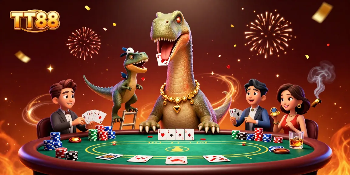 TT88 exemplifies excitement with a brontosaurus surveying a lively poker game, showcasing dynamic energy and rich casino elements.