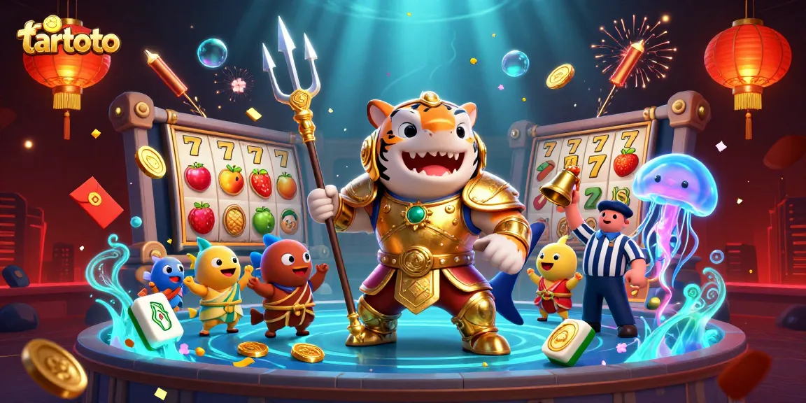 Tartoto features a fierce tiger shark in gladiator armor amidst vibrant slot game elements, showcasing the thrill of online gaming.