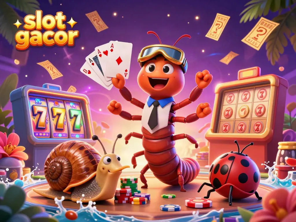 Experience the thrill of slot gacor with vibrant characters and casino elements in this lively illustration.