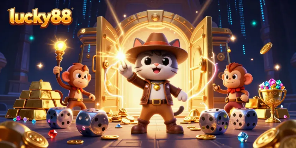 Experience thrilling moments with lucky88 while uncovering treasures in a dazzling casino scene.