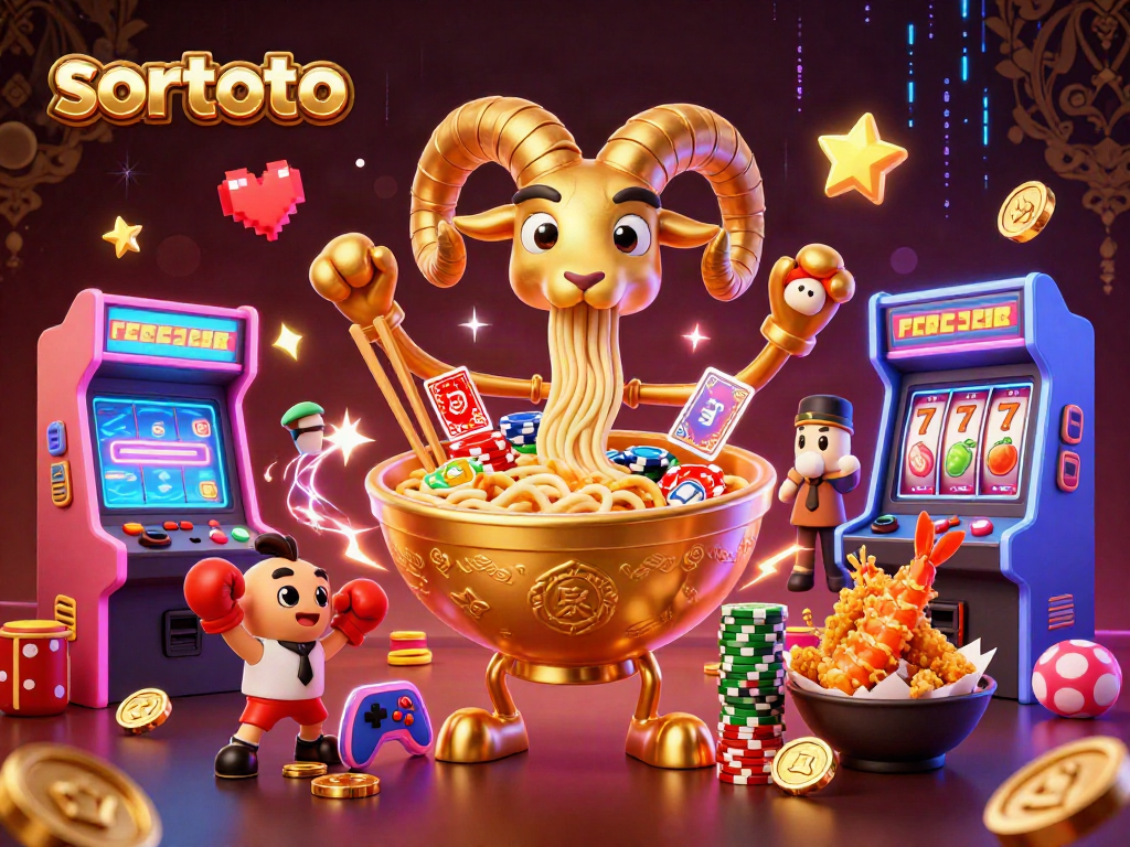 Sortoto menghadirkan suasana kasino dengan ramen raksasa, dadu, dan mesin permainan arcade yang penuh warna.