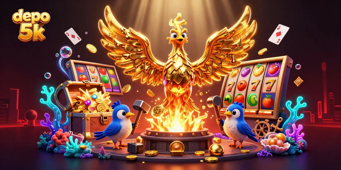 Experience the thrill of playing depo 5k slots with a dynamic scene featuring a golden phoenix and vibrant casino elements.