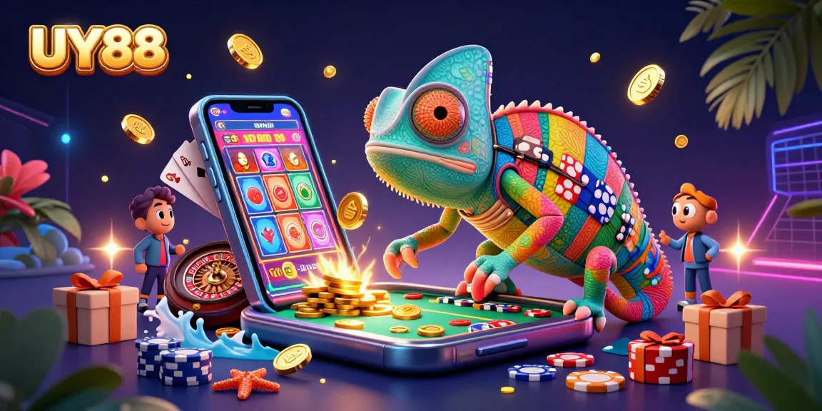 Spin and win at UY88 with vibrant 3D gambling elements and golden coins erupting everywhere.