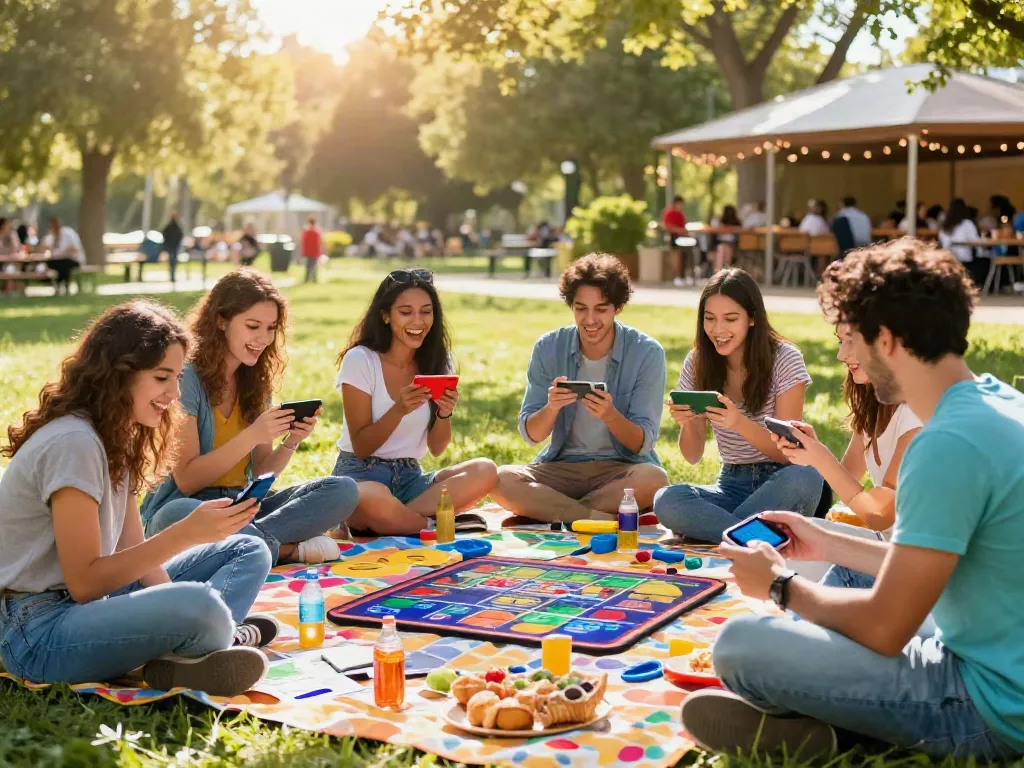 A group of friends playing portable games at a park highlighting akunjp entertainment.