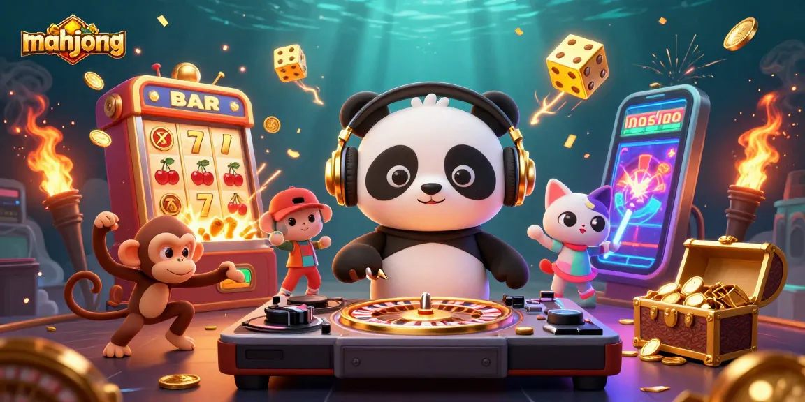 Engage in mahjong gaming excitement with a vibrant scene of a DJ panda, dancing monkey, and rave kitten.