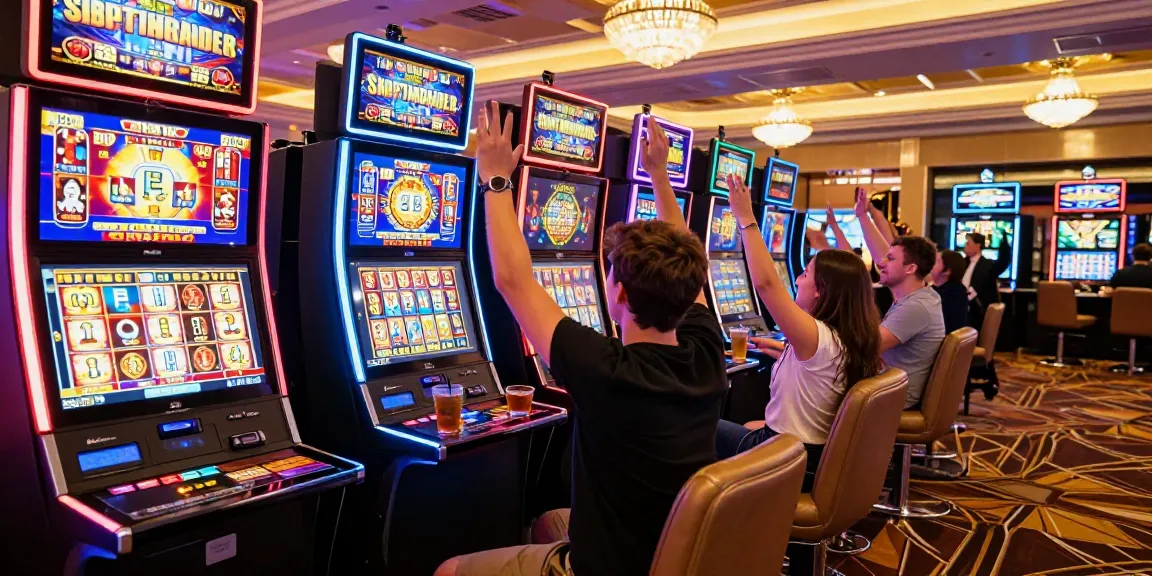 Slot gacor dalam suasana kasino yang ramai dengan pemain merayakan kemenangan.