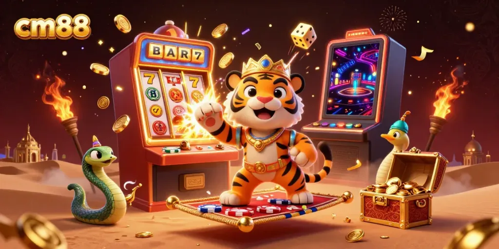Experience the excitement of cm88 with a vibrant casino scene featuring a tiger sultan on a flying carpet surrounded by jackpots.