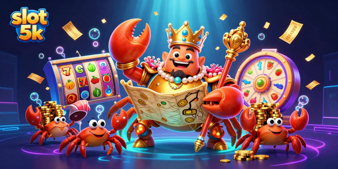 Spin winning slot 5k reels with an emperor crab and treasure in this vibrant casino scene.