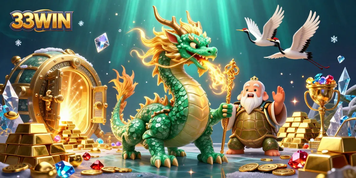 Experience excitement with 33WIN as a jade dragon adorns a vibrant casino scene showcasing treasures.