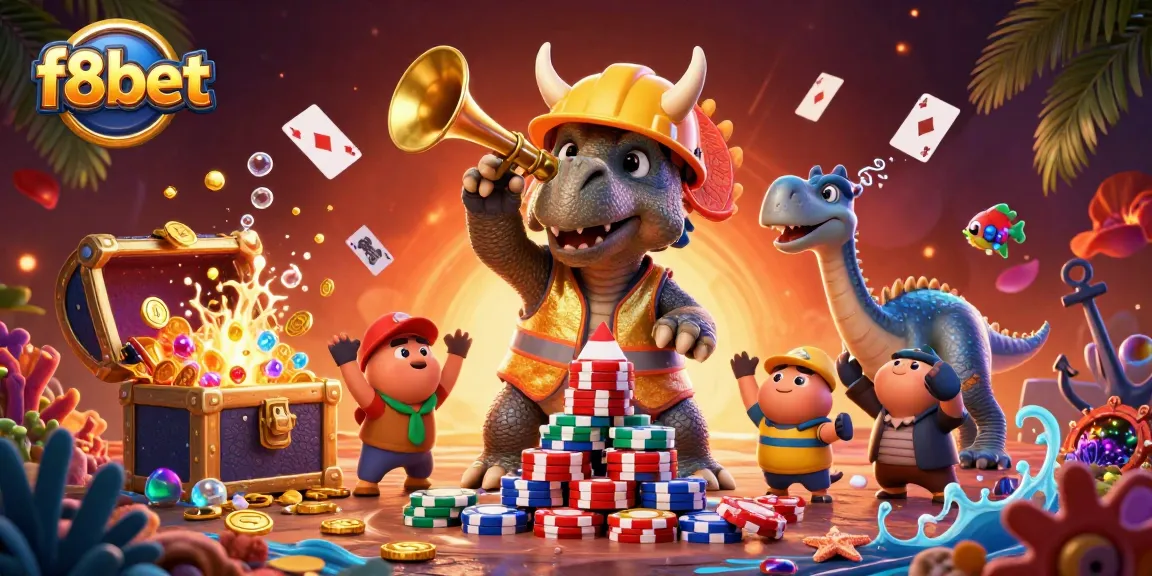 Join the excitement at f8bet with vibrant 3D characters building poker chip pyramids.