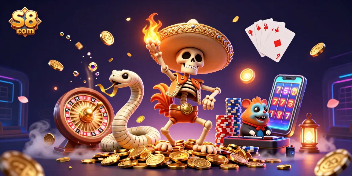 Spin the reels at S8 com with vibrant characters and dynamic casino elements filling the scene.