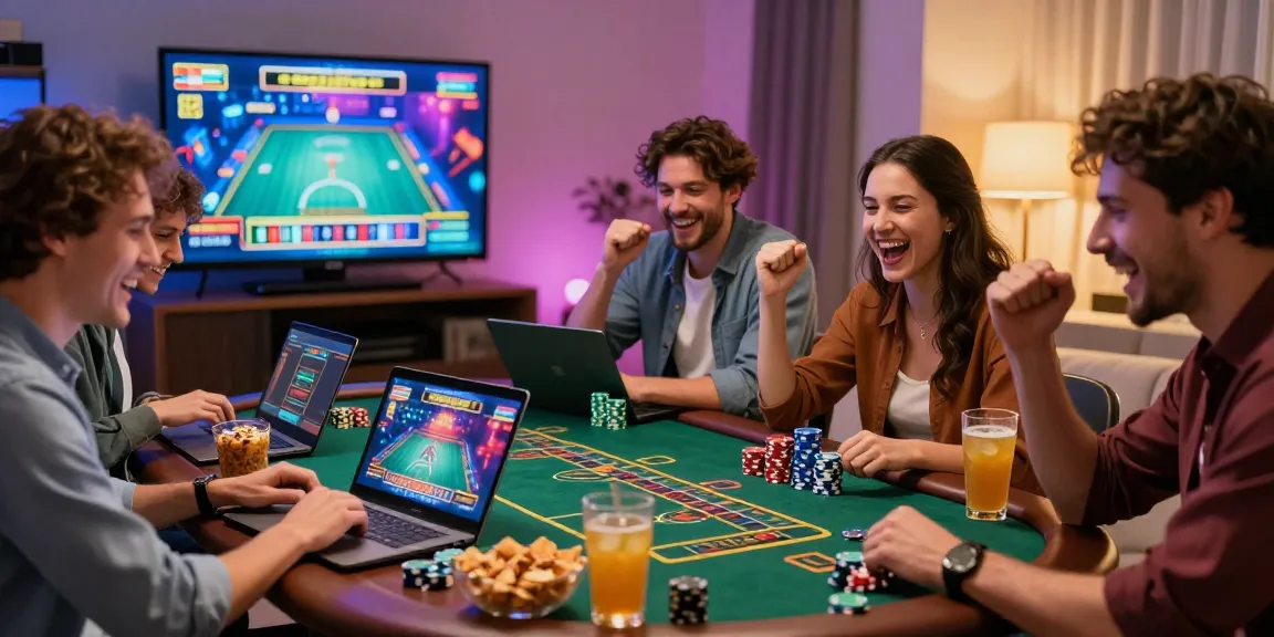 Friends enjoying gaming at home with laptops and snacks, highlighting credit card casinos UK experience.