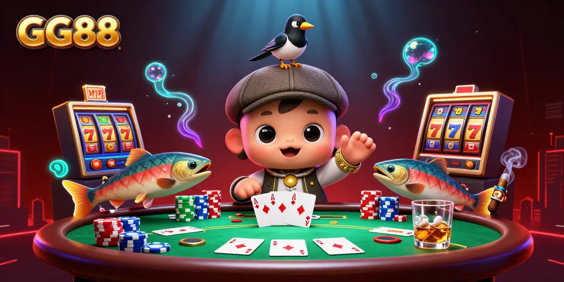 Experience the thrill of gambling with GG88's vibrant cartoon scene featuring playful elements.
