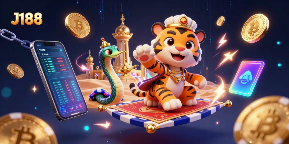 Engage with J188's vibrant casino experience featuring a tiger sultan surrounded by crypto elements.