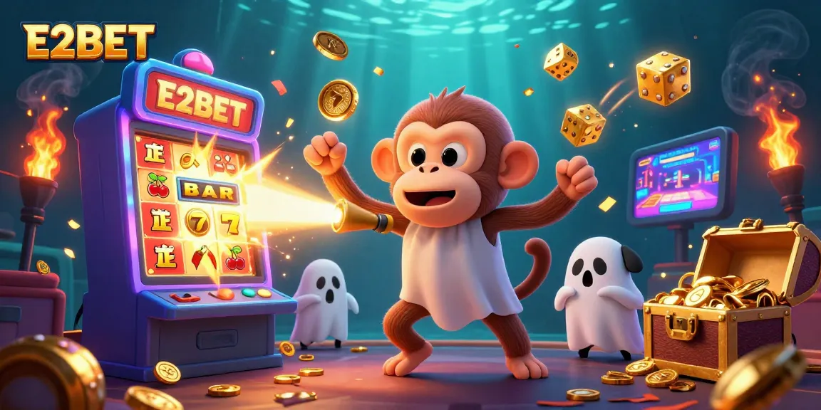 E2BET's thrilling and imaginative scene with a mischievous monkey and ghost-hunter puppy in an exciting casino setting.