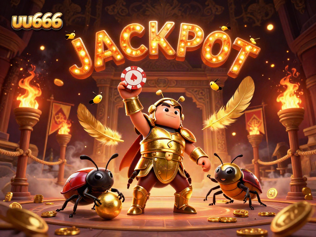 Experience the thrilling jackpot with uu666 as gladiator beetles battle in a dynamic casino scene.