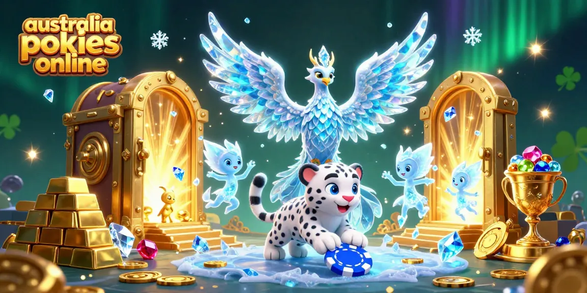 Spin vibrant australia pokies online with an ice phoenix and a playful snow leopard cub in a treasure-rich scene.