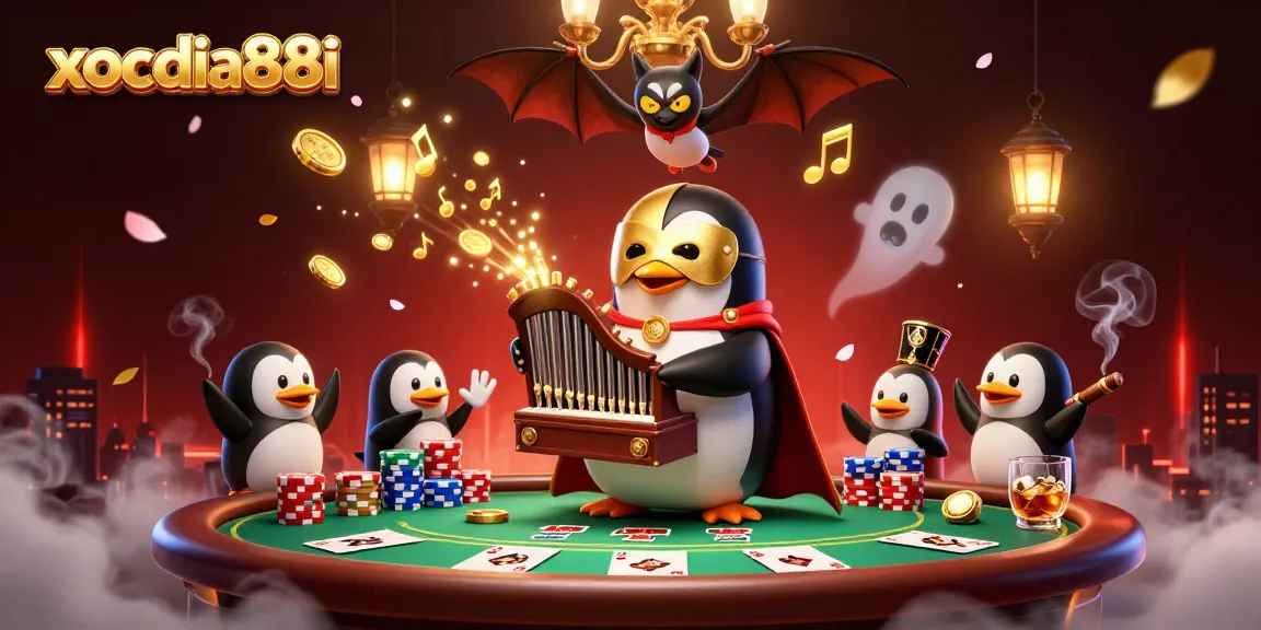 Experience thrilling gameplay with xocdia88i as a penguin organist plays amidst golden coins and poker action.