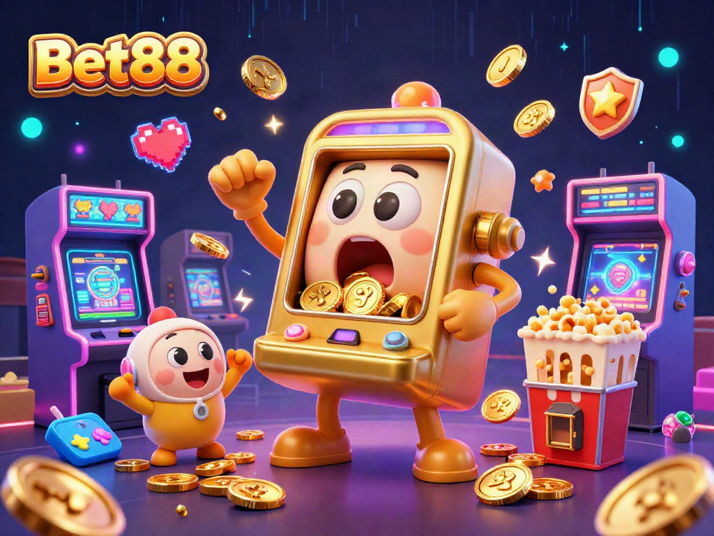 Exciting Bet88 slot machine character hitting a jackpot while surrounded by vibrant game elements, celebrating wins.